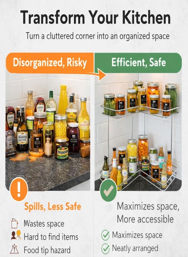 MLU 2-Tier Corner Countertop Organizer Rack | Stainless Steel L-Shape Kitchen Storage Shelf for Spices, Jars, Oil Bottles & Condiments | Space-Saving Kitchen Corner Rack - Image 3